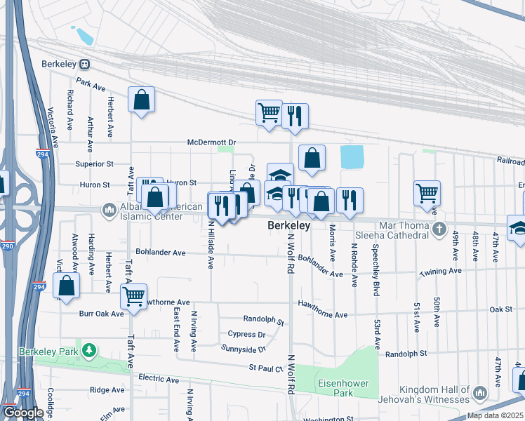 map of restaurants, bars, coffee shops, grocery stores, and more near 5425 Saint Charles Road in Berkeley