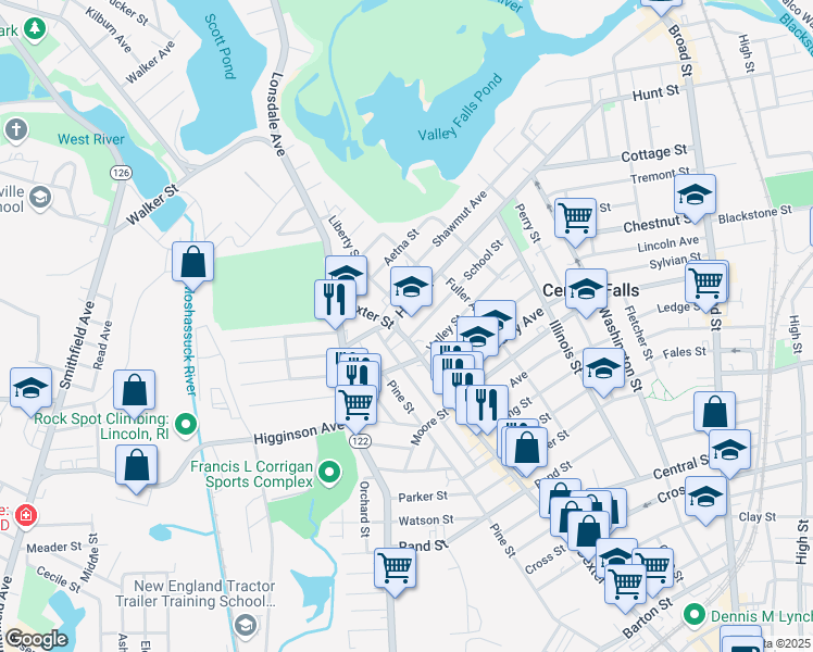map of restaurants, bars, coffee shops, grocery stores, and more near 949 Dexter Street in Central Falls
