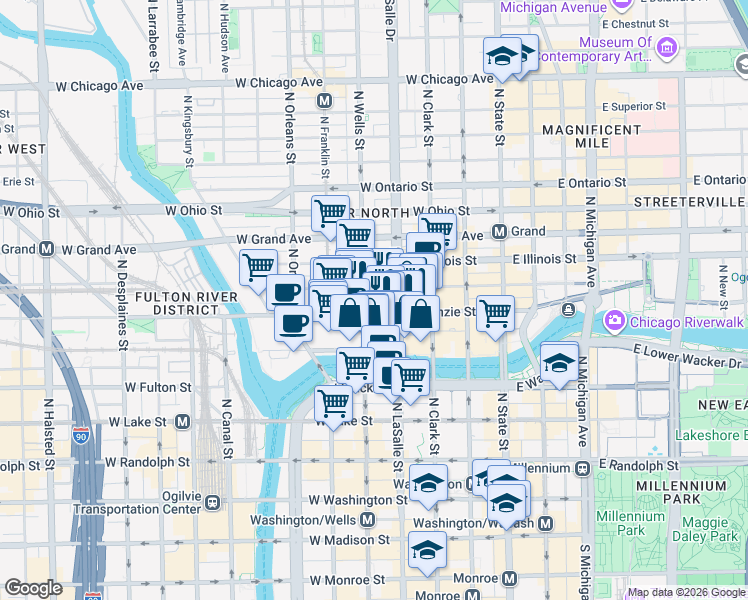 map of restaurants, bars, coffee shops, grocery stores, and more near 400 North La Salle Drive in Chicago