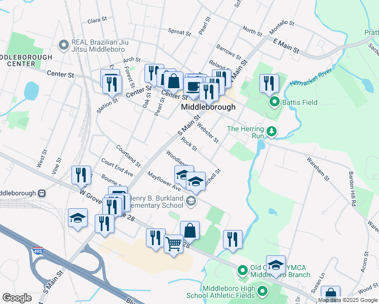 map of restaurants, bars, coffee shops, grocery stores, and more near 4 Woodland Avenue in Middleborough