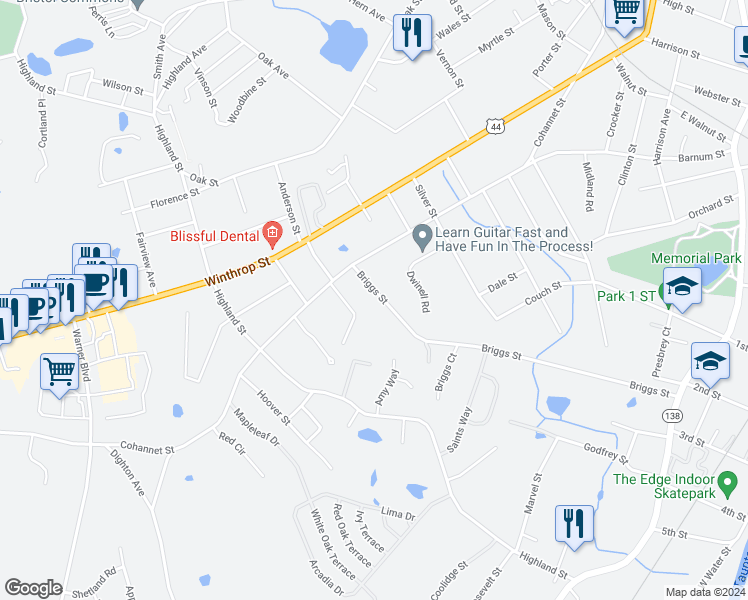 map of restaurants, bars, coffee shops, grocery stores, and more near 132 Briggs Street in Taunton