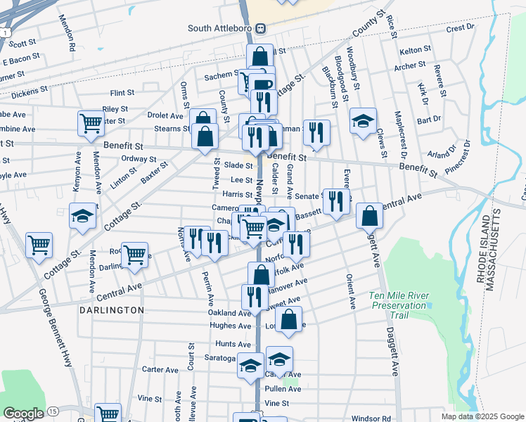 map of restaurants, bars, coffee shops, grocery stores, and more near 14 Calder Street in Pawtucket