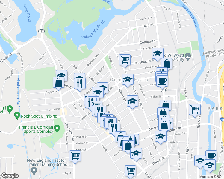 map of restaurants, bars, coffee shops, grocery stores, and more near 250 Cowden Street in Central Falls