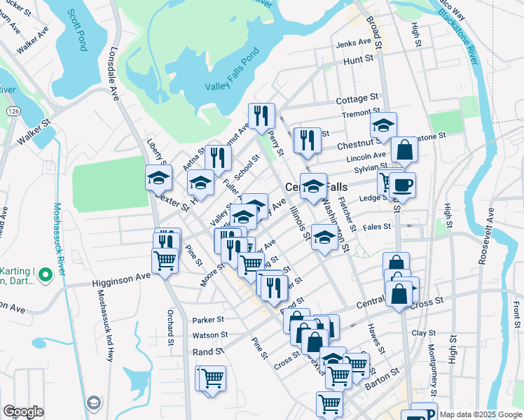 map of restaurants, bars, coffee shops, grocery stores, and more near 120 Hedley Avenue in Central Falls