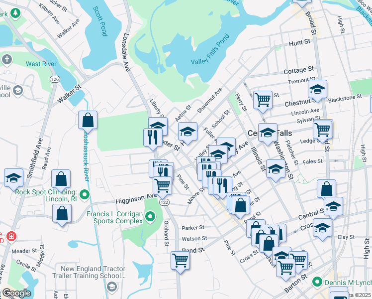 map of restaurants, bars, coffee shops, grocery stores, and more near in Central Falls