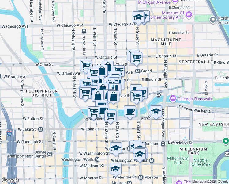 map of restaurants, bars, coffee shops, grocery stores, and more near 113 West Kinzie Street in Chicago