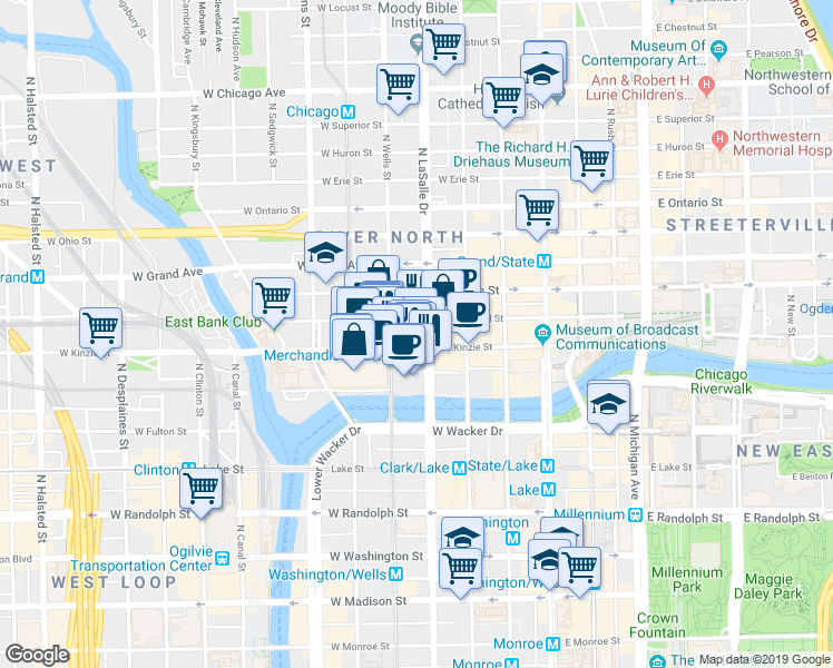 map of restaurants, bars, coffee shops, grocery stores, and more near 149 West Kinzie Street in Chicago