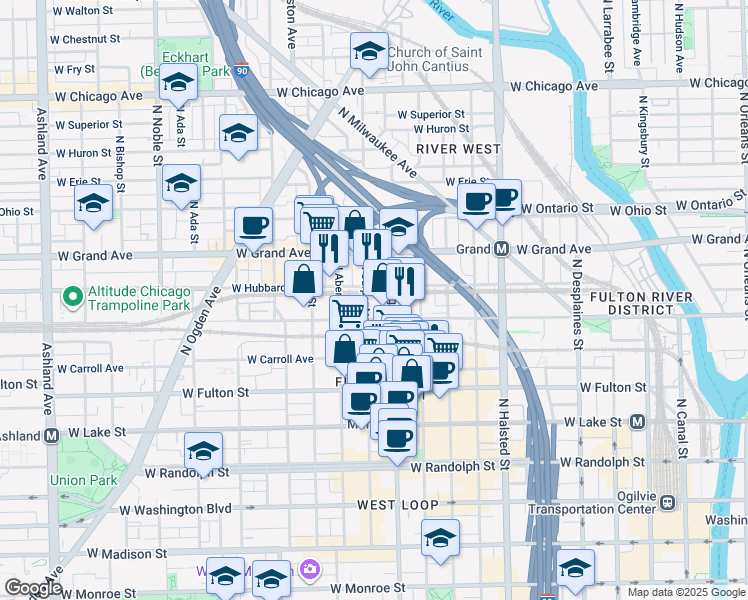 map of restaurants, bars, coffee shops, grocery stores, and more near 400 North Morgan Street in Chicago