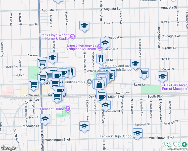 map of restaurants, bars, coffee shops, grocery stores, and more near in Oak Park