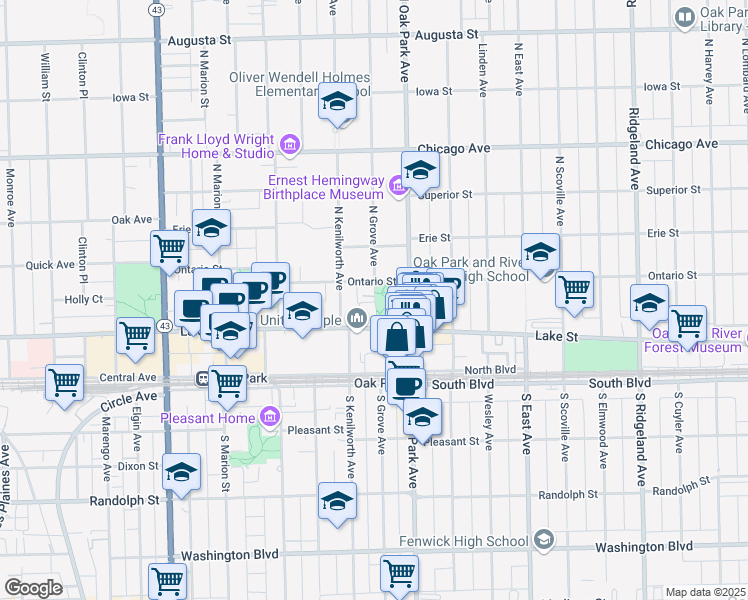 map of restaurants, bars, coffee shops, grocery stores, and more near in Oak Park