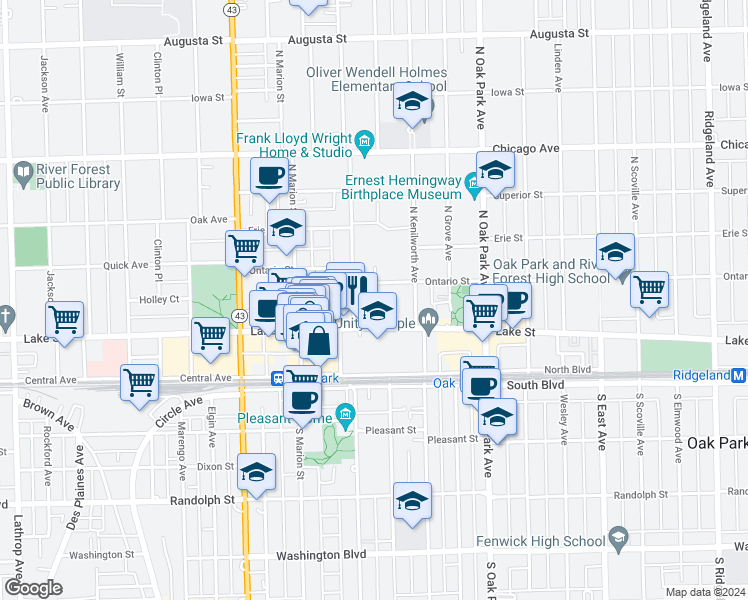 map of restaurants, bars, coffee shops, grocery stores, and more near 954 Lake Street in Oak Park
