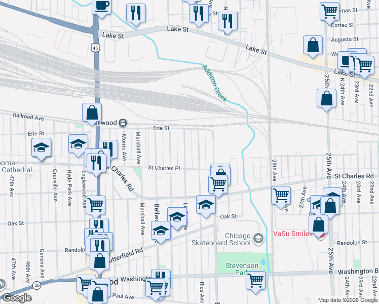 map of restaurants, bars, coffee shops, grocery stores, and more near 147 Linden Avenue in Bellwood