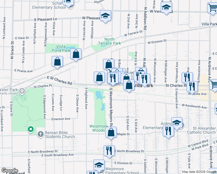 map of restaurants, bars, coffee shops, grocery stores, and more near 16 South Westmore-Meyers Road in Lombard
