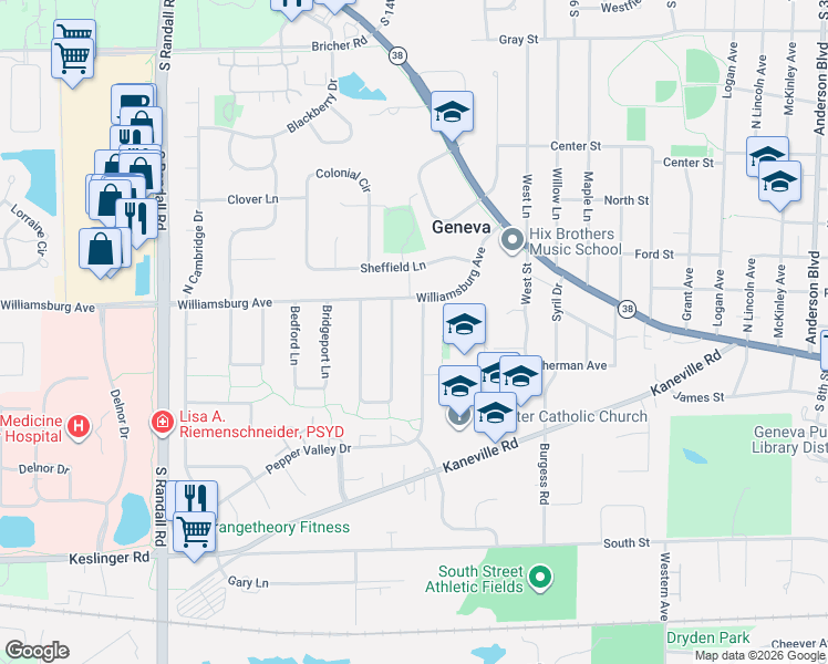 map of restaurants, bars, coffee shops, grocery stores, and more near 10 North Northampton Drive in Geneva