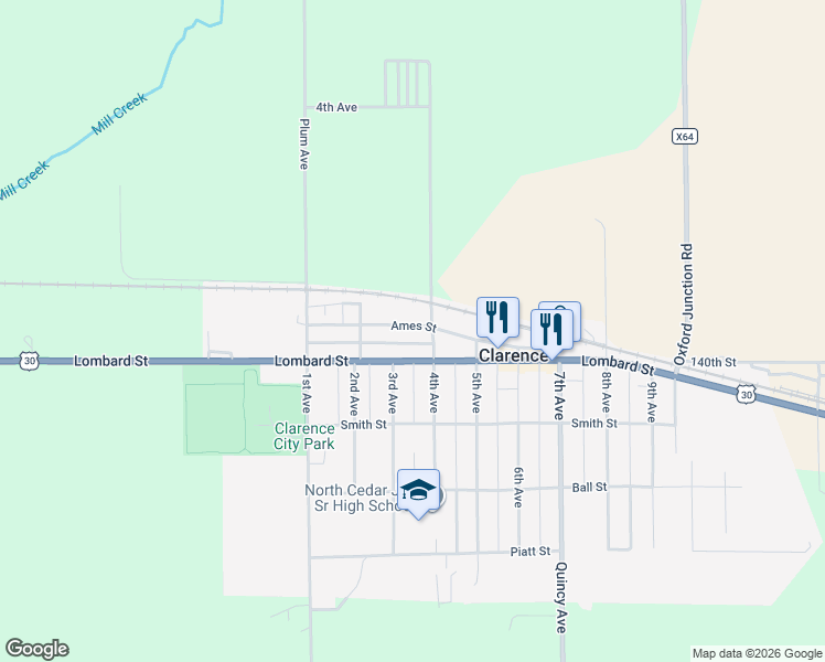 map of restaurants, bars, coffee shops, grocery stores, and more near in Clarence