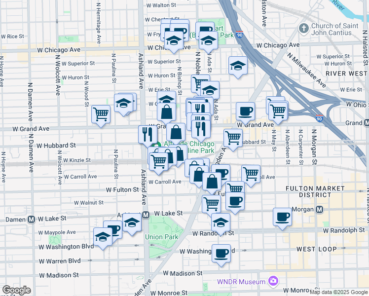 map of restaurants, bars, coffee shops, grocery stores, and more near 400 North Noble Street in Chicago