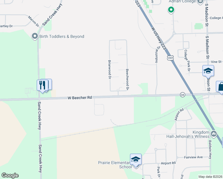 map of restaurants, bars, coffee shops, grocery stores, and more near 634 Briarwood Drive in Adrian