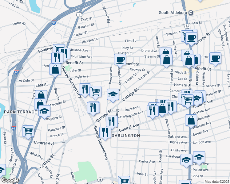 map of restaurants, bars, coffee shops, grocery stores, and more near 23 Aiken Street in Pawtucket