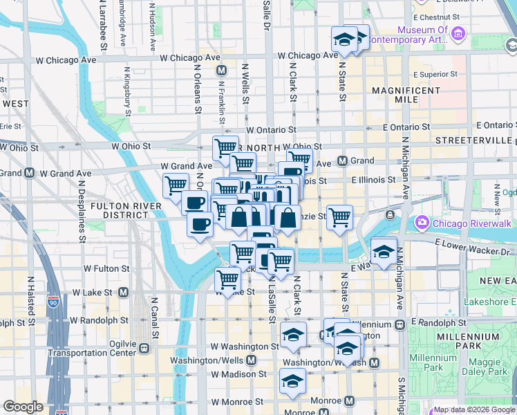 map of restaurants, bars, coffee shops, grocery stores, and more near 400 North La Salle Drive in Chicago