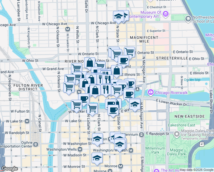 map of restaurants, bars, coffee shops, grocery stores, and more near 410 North Dearborn Street in Chicago
