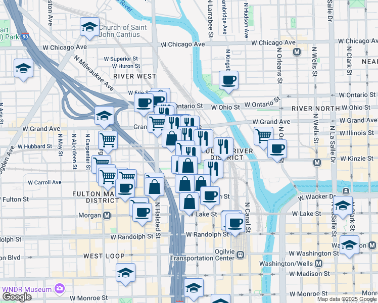 map of restaurants, bars, coffee shops, grocery stores, and more near in Chicago