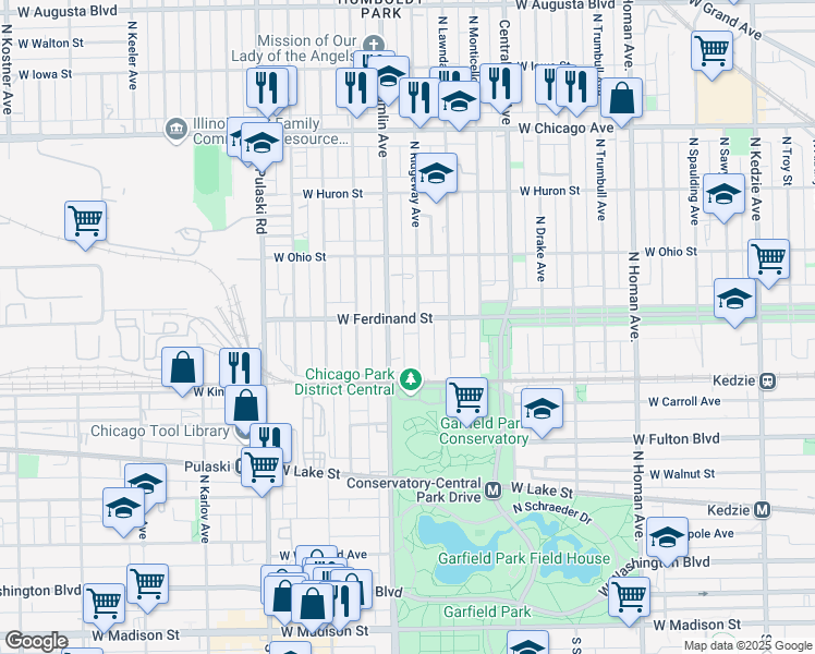 map of restaurants, bars, coffee shops, grocery stores, and more near 432 North Ridgeway Avenue in Chicago