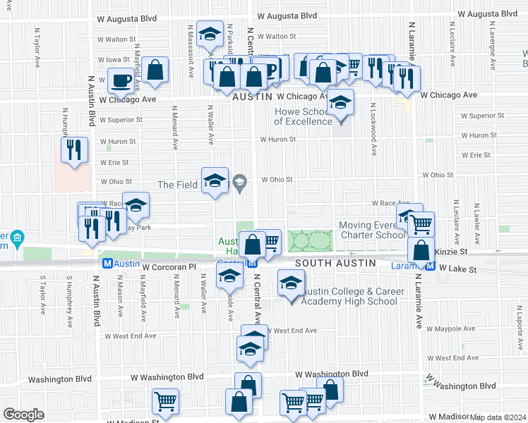 map of restaurants, bars, coffee shops, grocery stores, and more near 509 North Central Avenue in Chicago