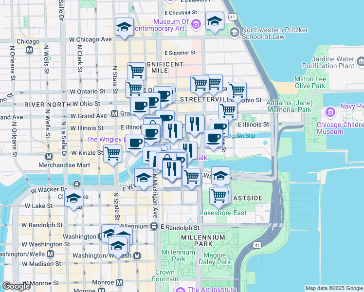 map of restaurants, bars, coffee shops, grocery stores, and more near 450 North Cityfront Plaza Drive in Chicago