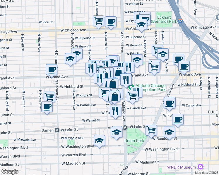 map of restaurants, bars, coffee shops, grocery stores, and more near 102 North Oswego Street in Chicago