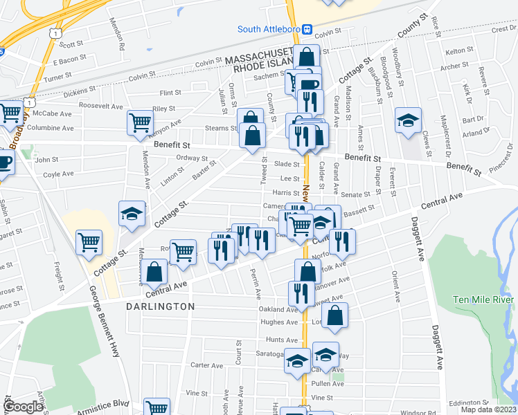 map of restaurants, bars, coffee shops, grocery stores, and more near 147 Cameron Street in Pawtucket