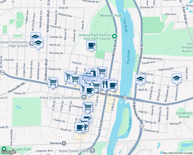 map of restaurants, bars, coffee shops, grocery stores, and more near 216 Peyton Street in Geneva