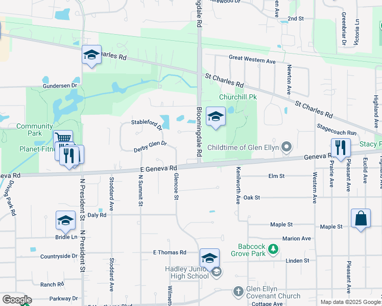 map of restaurants, bars, coffee shops, grocery stores, and more near 190 Geneva Road in Glen Ellyn