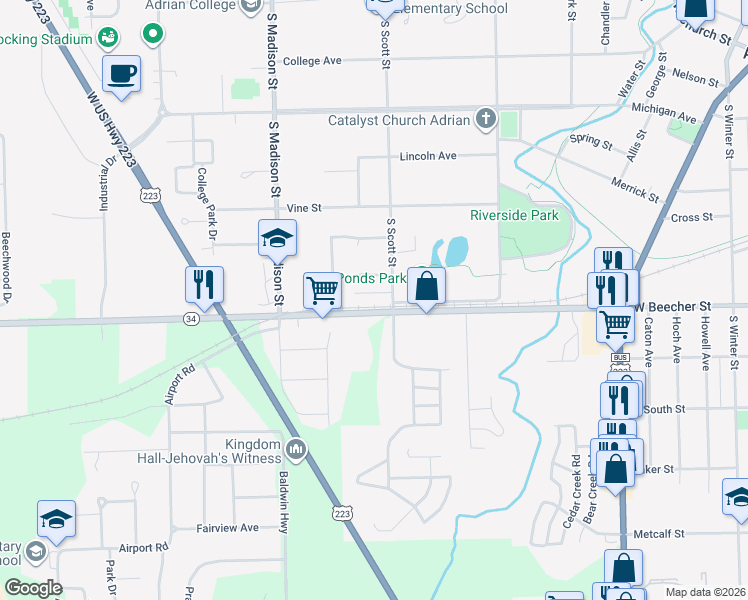 map of restaurants, bars, coffee shops, grocery stores, and more near 1001 West Beecher Street in Adrian