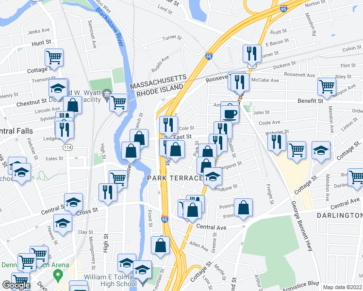 map of restaurants, bars, coffee shops, grocery stores, and more near 78 1/2 Japonica Street in Pawtucket