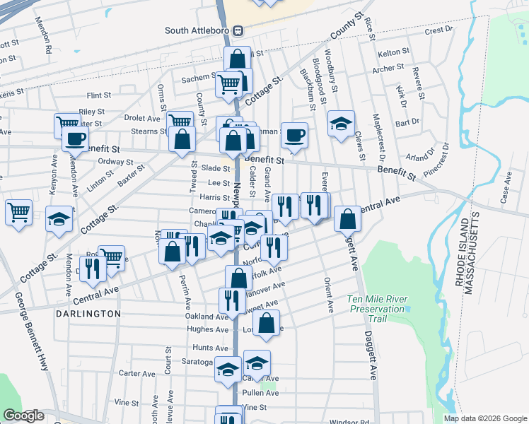 map of restaurants, bars, coffee shops, grocery stores, and more near 337 Grand Avenue in Pawtucket