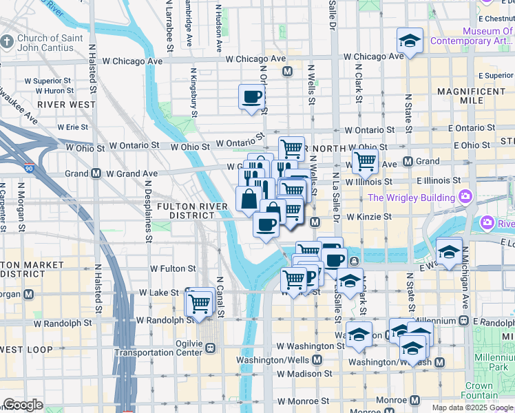 map of restaurants, bars, coffee shops, grocery stores, and more near 351 West Hubbard Street in Chicago