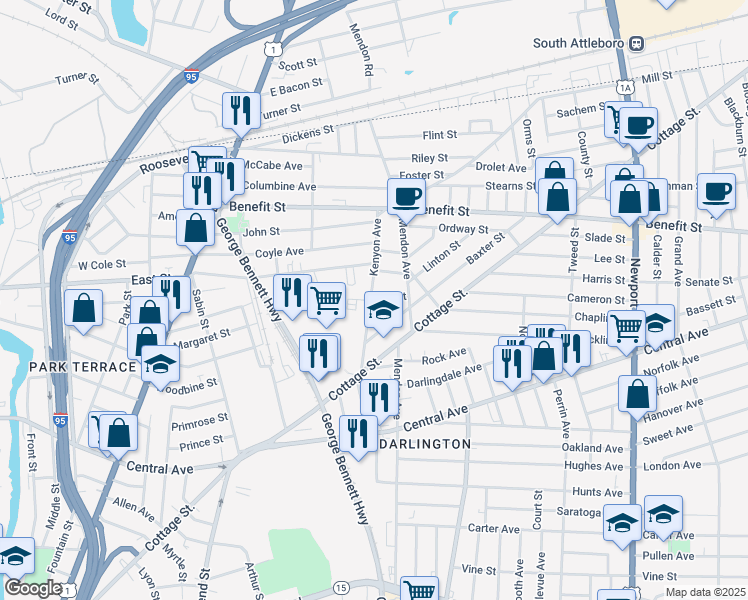 map of restaurants, bars, coffee shops, grocery stores, and more near 113 Kenyon Avenue in Pawtucket