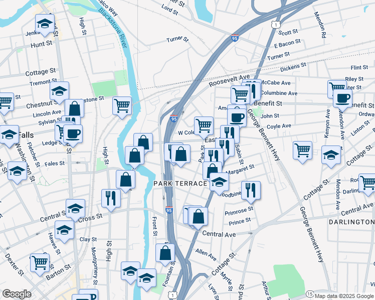 map of restaurants, bars, coffee shops, grocery stores, and more near 78 1/2 Japonica Street in Pawtucket
