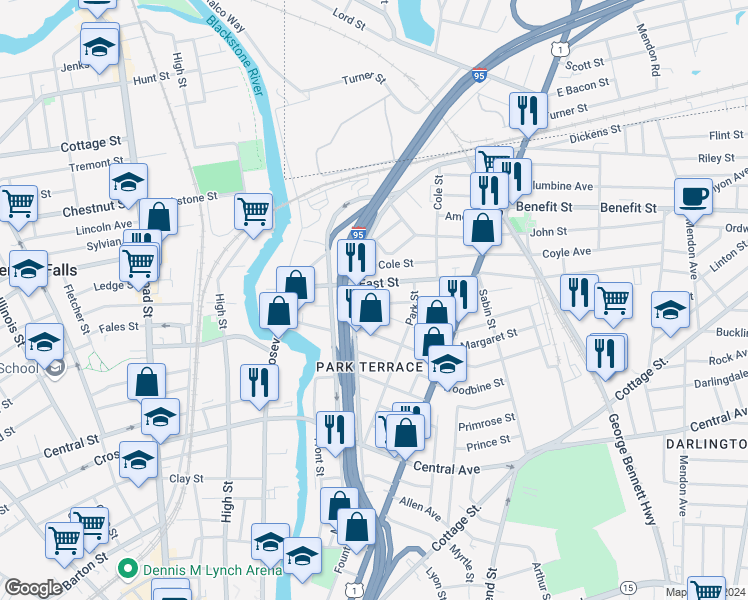 map of restaurants, bars, coffee shops, grocery stores, and more near 78 1/2 Japonica Street in Pawtucket