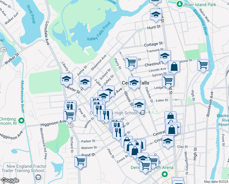 map of restaurants, bars, coffee shops, grocery stores, and more near 120 Hedley Avenue in Central Falls