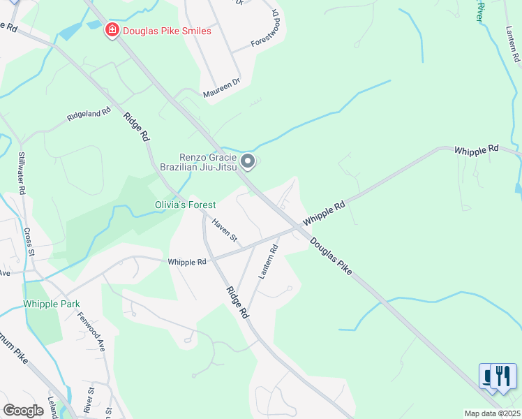 map of restaurants, bars, coffee shops, grocery stores, and more near 376 Douglas Pike in Smithfield