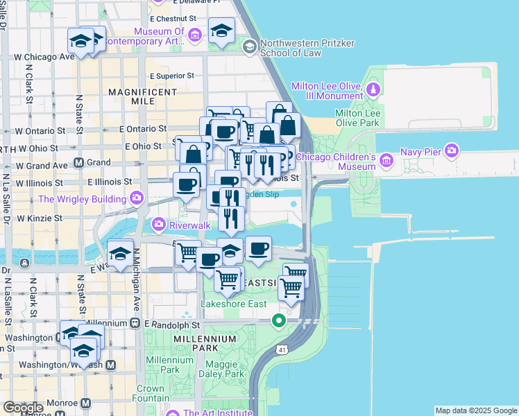 map of restaurants, bars, coffee shops, grocery stores, and more near 657 East North Water Street in Chicago