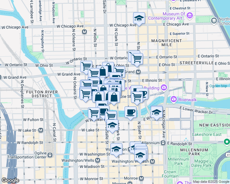 map of restaurants, bars, coffee shops, grocery stores, and more near 113 West Kinzie Street in Chicago