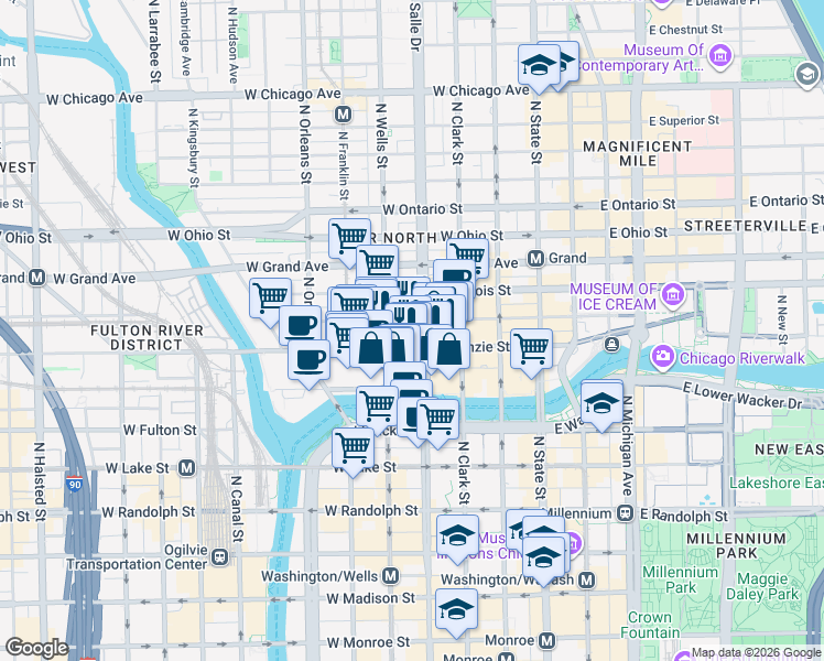 map of restaurants, bars, coffee shops, grocery stores, and more near 300 North La Salle Street in Chicago
