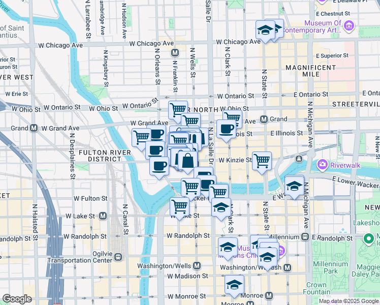 map of restaurants, bars, coffee shops, grocery stores, and more near 470 West Merchandise Mart Plaza in Chicago