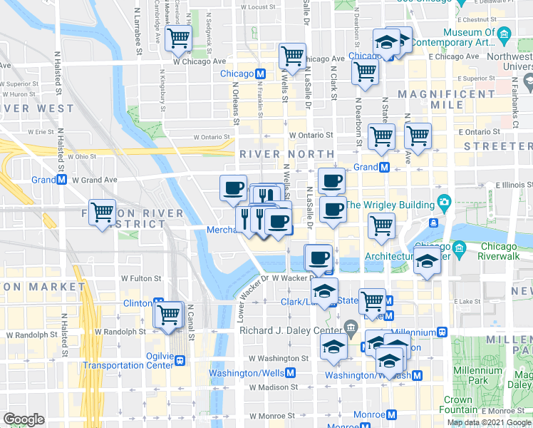 map of restaurants, bars, coffee shops, grocery stores, and more near 161 West Kinzie Street in Chicago