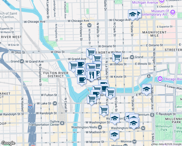 map of restaurants, bars, coffee shops, grocery stores, and more near 161 West Kinzie Street in Chicago