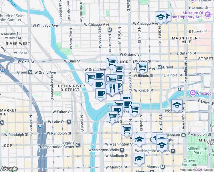 map of restaurants, bars, coffee shops, grocery stores, and more near 161 West Kinzie Street in Chicago
