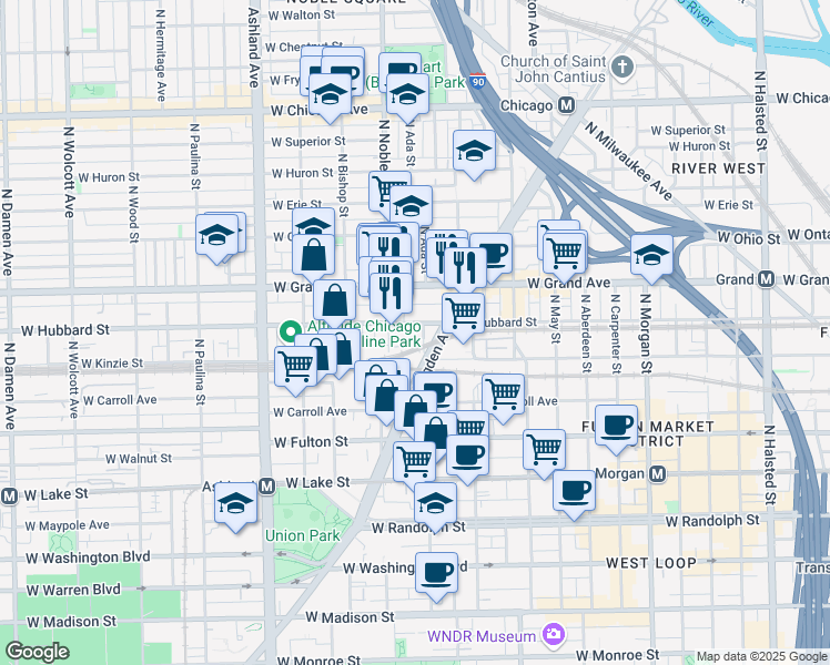map of restaurants, bars, coffee shops, grocery stores, and more near 409 North Noble Street in Chicago