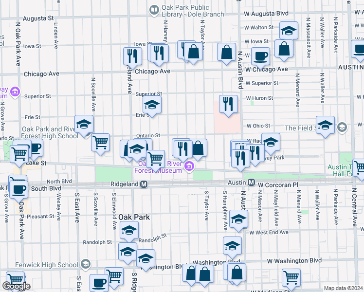 map of restaurants, bars, coffee shops, grocery stores, and more near 143 North Lombard Avenue in Oak Park